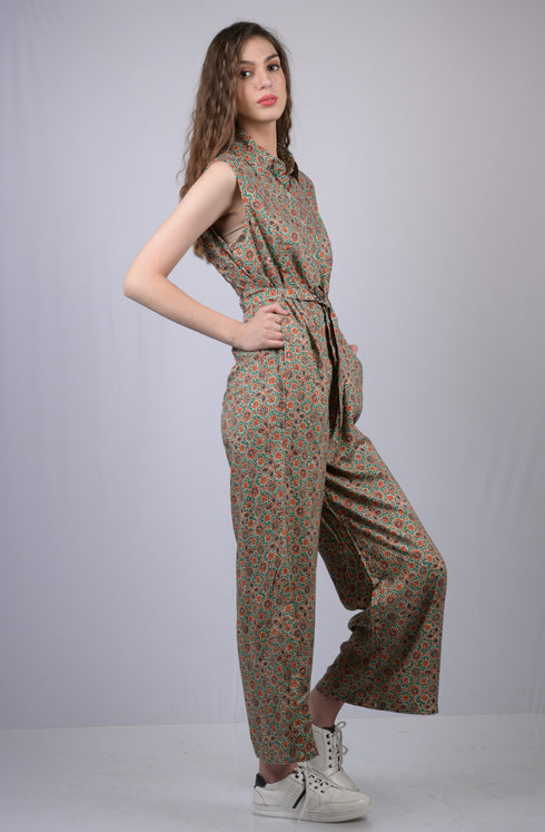 Jumpsuit with belt for Women's Greenish Multicolored Jumpsuit with Belt (OTL-JMS1004)